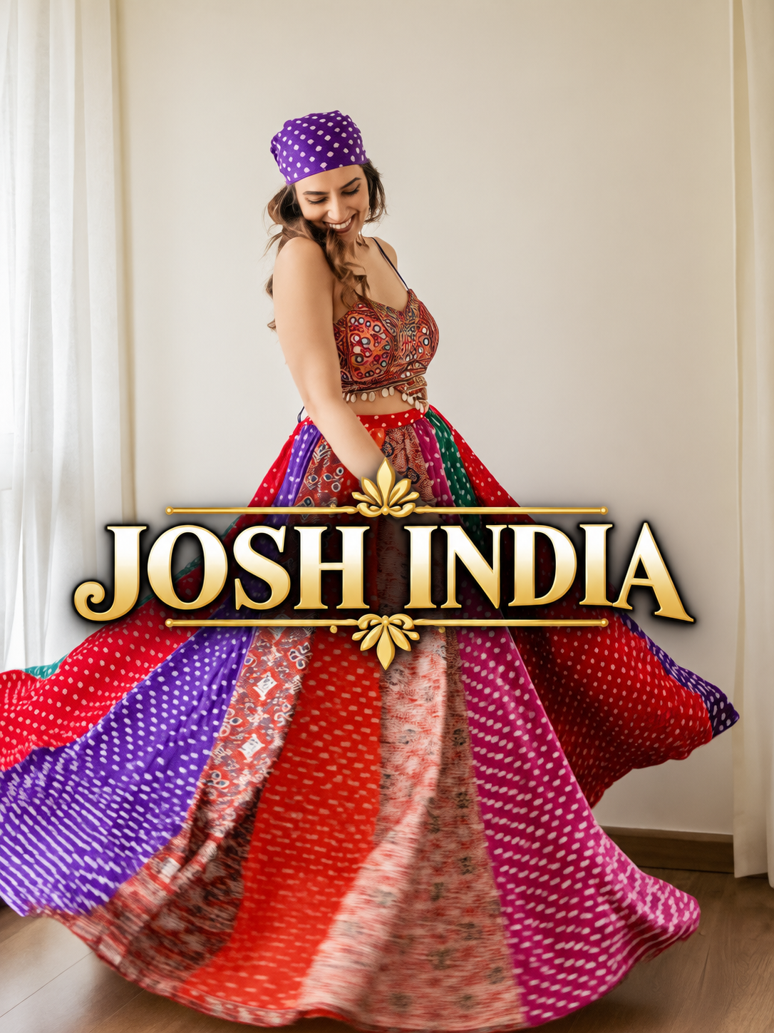 Navratri Multicolor Bandhani Print Chaniya Choli with Mirror Work Blouse Garba
