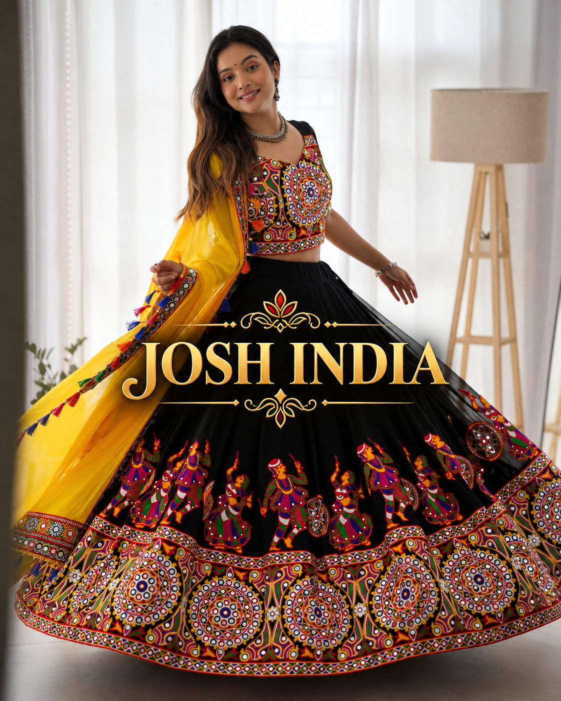 Navratri Black Chaniya Choli Kutchi Mirror Work with Yellow Dupatta Garba