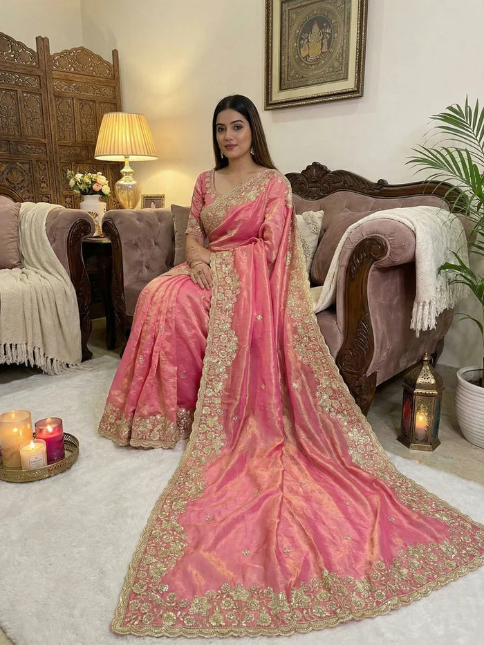 Graceful Pink Organza Satin Silk Saree