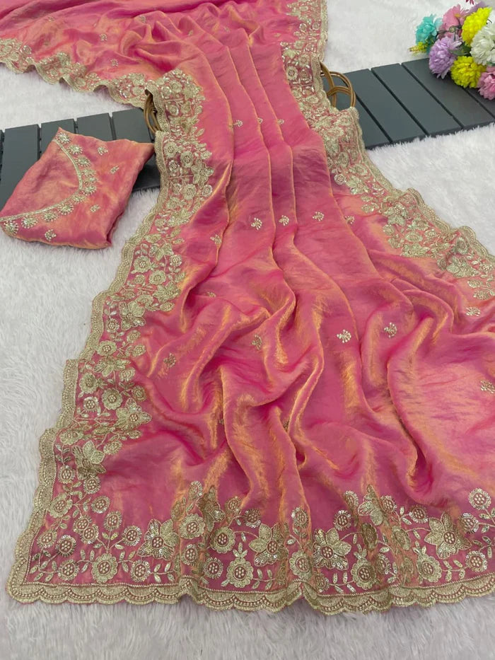 Graceful Pink Organza Satin Silk Saree