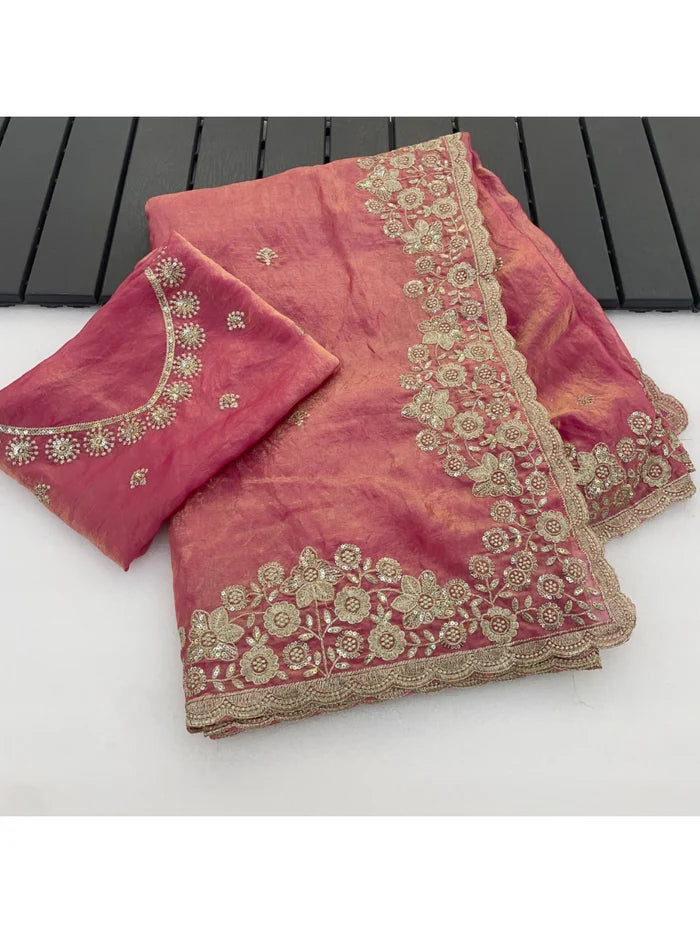 Graceful Pink Organza Satin Silk Saree