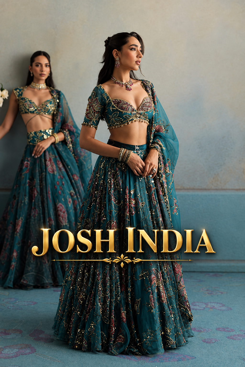 Teal Blue Floral Digital Print Georgette Lehenga Choli Sequins Work Semi Stitched