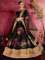 Black Floral Printed Lehenga with Designer EmbroideredBlouse & Net Dupatta