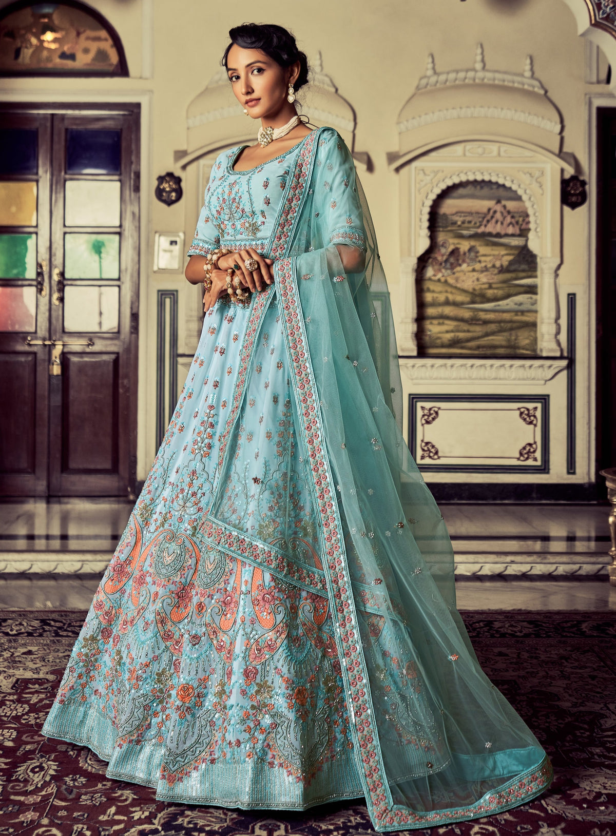 Buy Beautiful Heavy Designer Turquoise Color Lehenga Choli For Reception Look - Joshindia