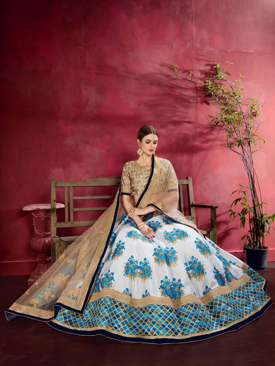 Sky Blue Floral Lehenga with Gold Embroidered Blouse & Net Dupatta
