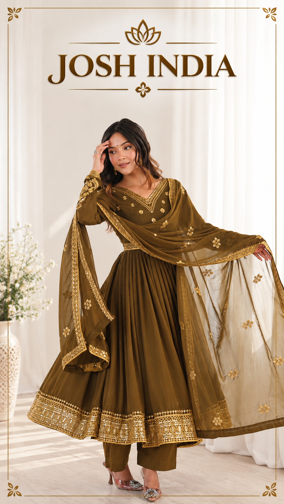 Mehndi Green Georgette Anarkali Suit Set with Pant Dupatta Sequins Work Party