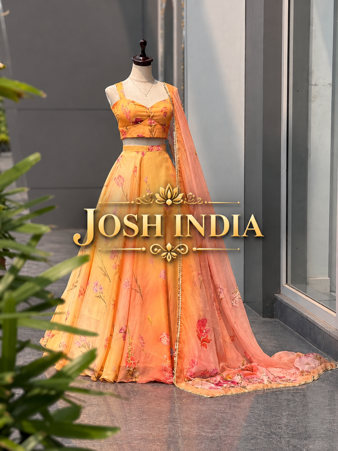 Yellow Peach Floral Digital Print Organza Lehenga Choli Mirror Lace Dupatta