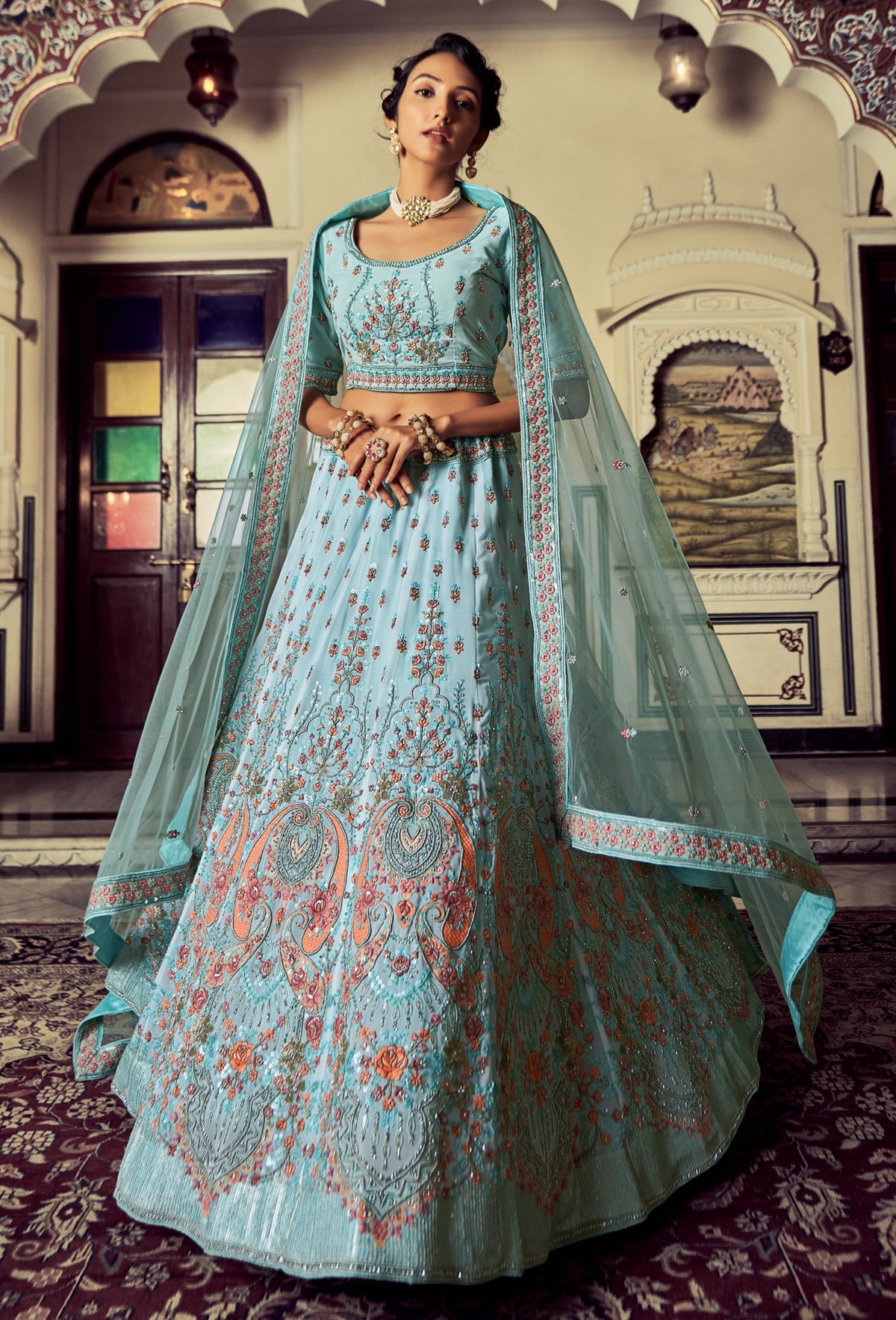 Buy Beautiful Heavy Designer Turquoise Color Lehenga Choli For Reception Look - Joshindia