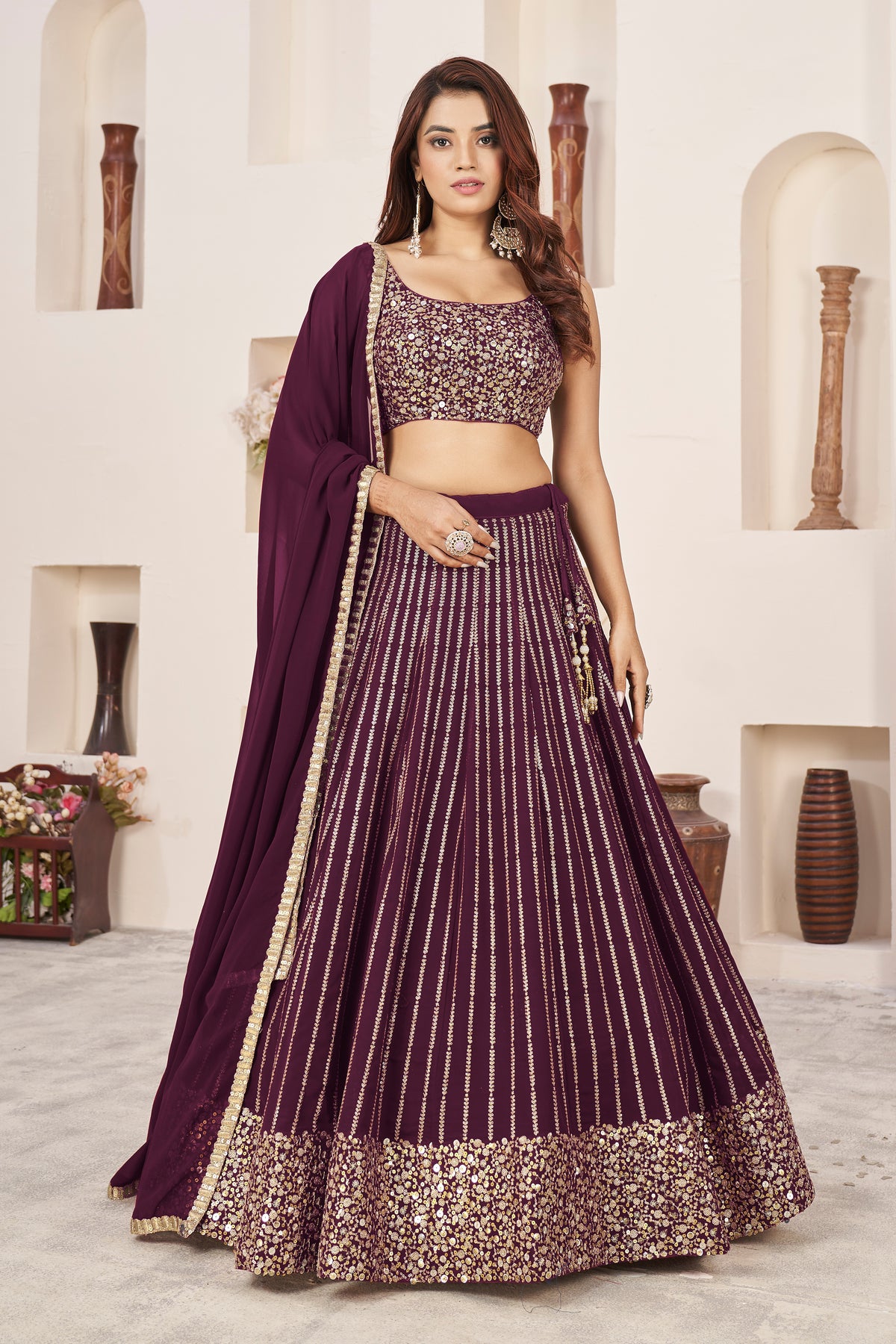 Wine Festive Sequins Embroidered Lehenga Set - Joshindia