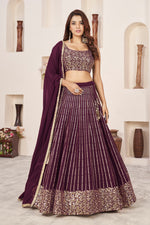Wine Festive Sequins Embroidered Lehenga Set - Joshindia