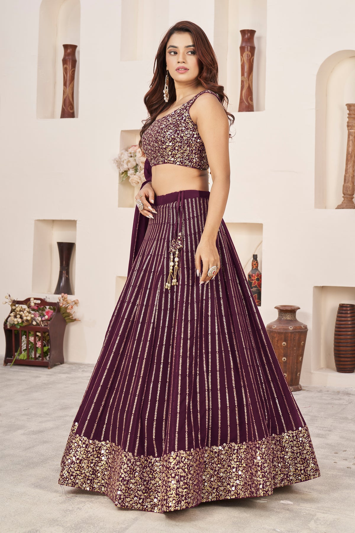 Wine Festive Sequins Embroidered Lehenga Set - Joshindia