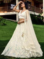 White breezy lehenga crafted with thread embroidery work - Joshindia