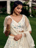 White breezy lehenga crafted with thread embroidery work - Joshindia