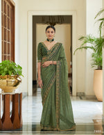 Embellished Olive green two tone vichitra silk saree - Joshindia