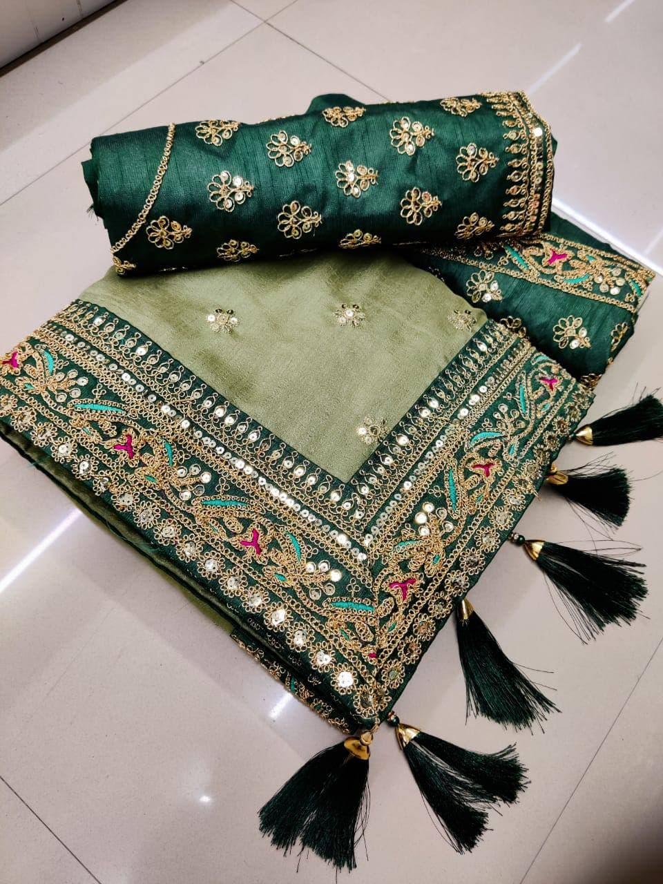 Embellished Olive green two tone vichitra silk saree - Joshindia