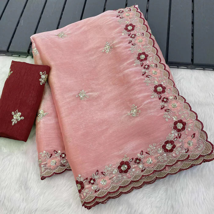 Peach Jimmy Choo Chiffon Party Wear Saree with Heavy Pallu Embroidery