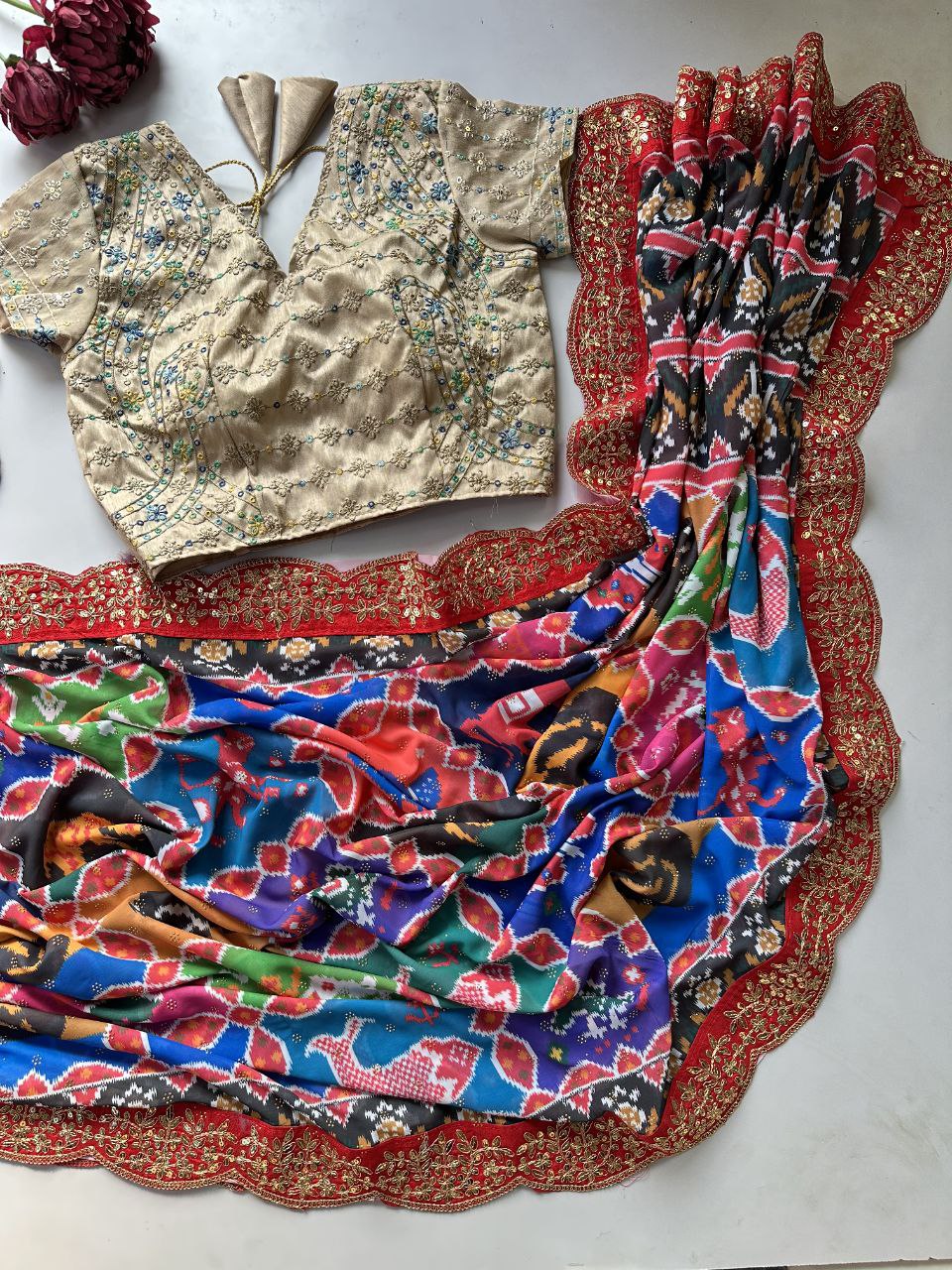 Digital Print Patola Georgette Party Wear Saree with Swarovski & 5mm Sequins Work