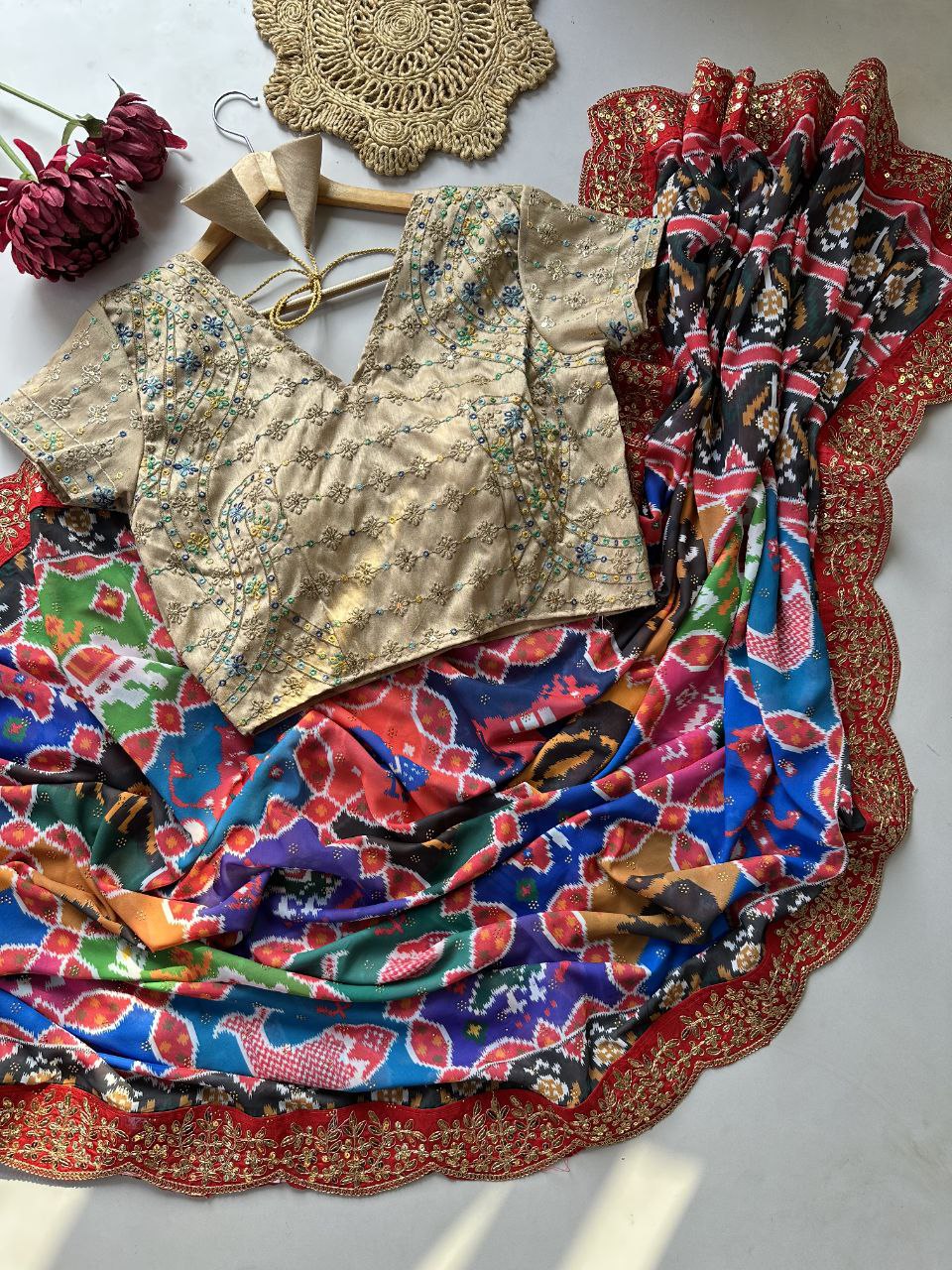 Digital Print Patola Georgette Party Wear Saree with Swarovski & 5mm Sequins Work