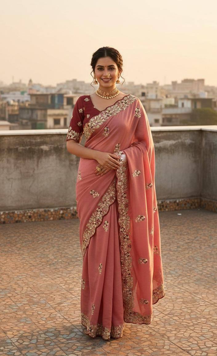 Peach Pure Vichitra Silk Party Wear Saree with Heavy Sequence & Thread Embroidery