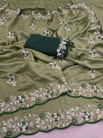 Mehndi Pure Vichitra Silk Party Wear Saree with Heavy Sequence & Thread Embroidery