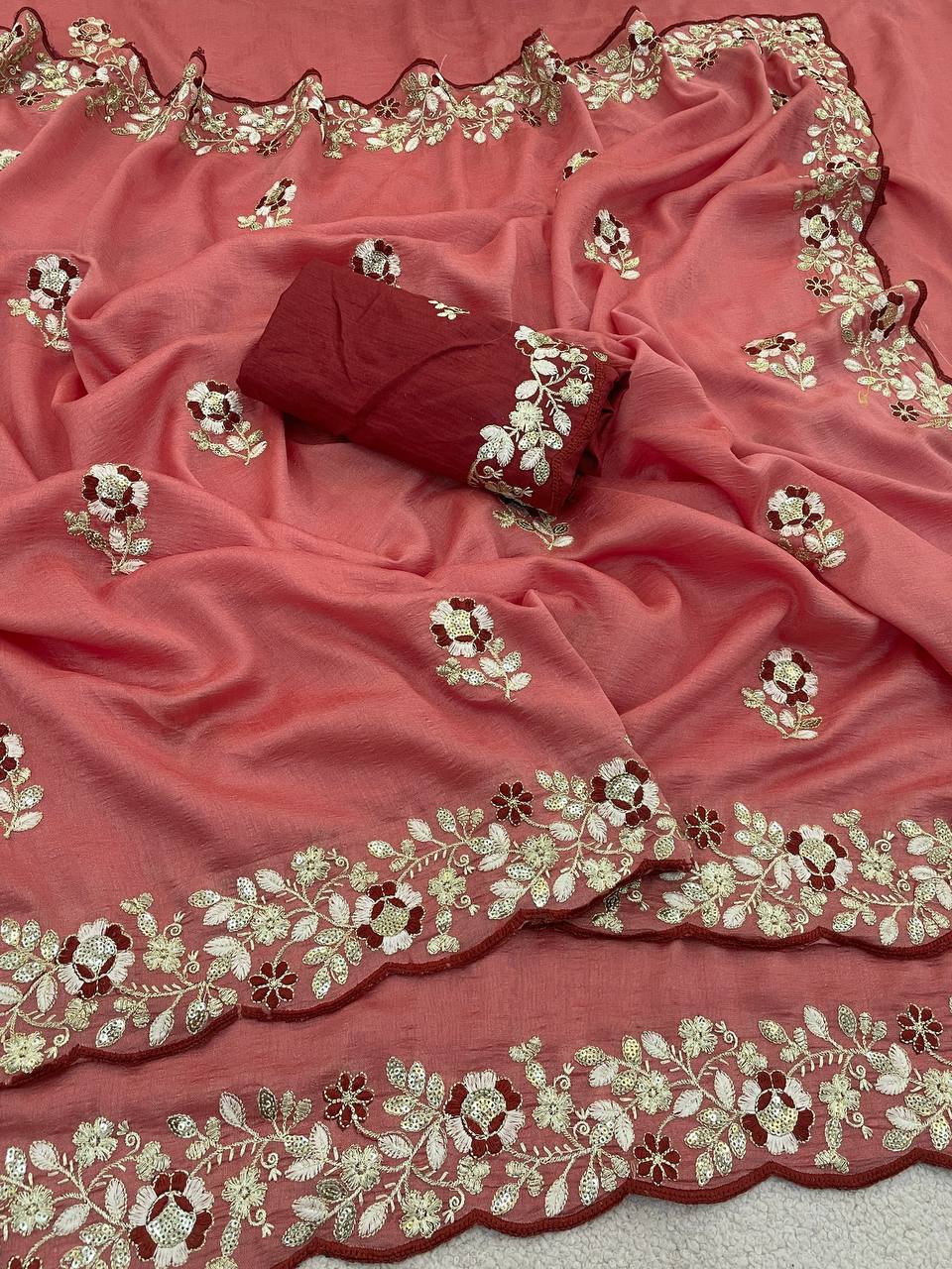 Peach Pure Vichitra Silk Party Wear Saree with Heavy Sequence & Thread Embroidery