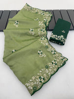 Mehndi Pure Vichitra Silk Party Wear Saree with Heavy Sequence & Thread Embroidery