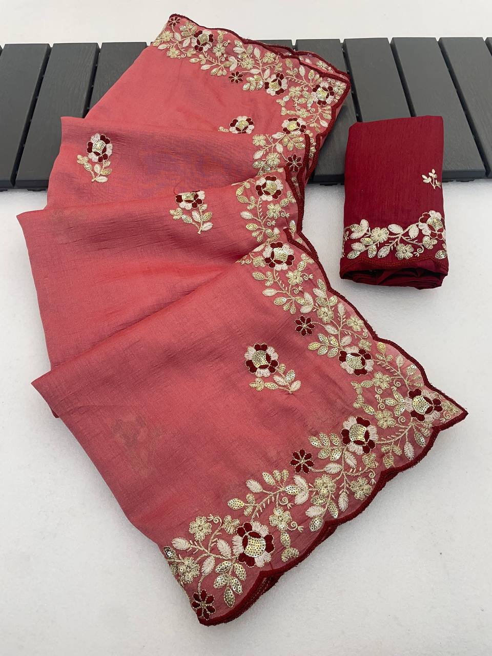 Peach Pure Vichitra Silk Party Wear Saree with Heavy Sequence & Thread Embroidery