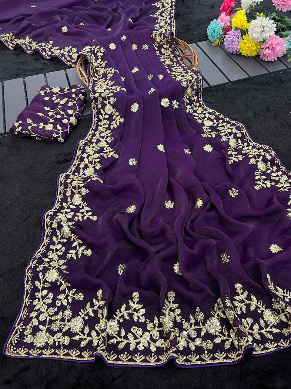 Designer Purple Color Chiffon Saree