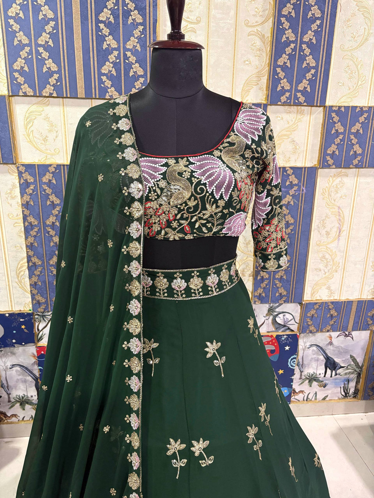 Designer Green Fox Georgette Lehenga Choli with Sequins Embroidery Work