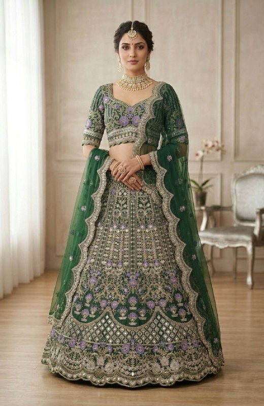 Elegant Green Mono Satin Silk Lehenga Choli with Coding Sequins Cut Work