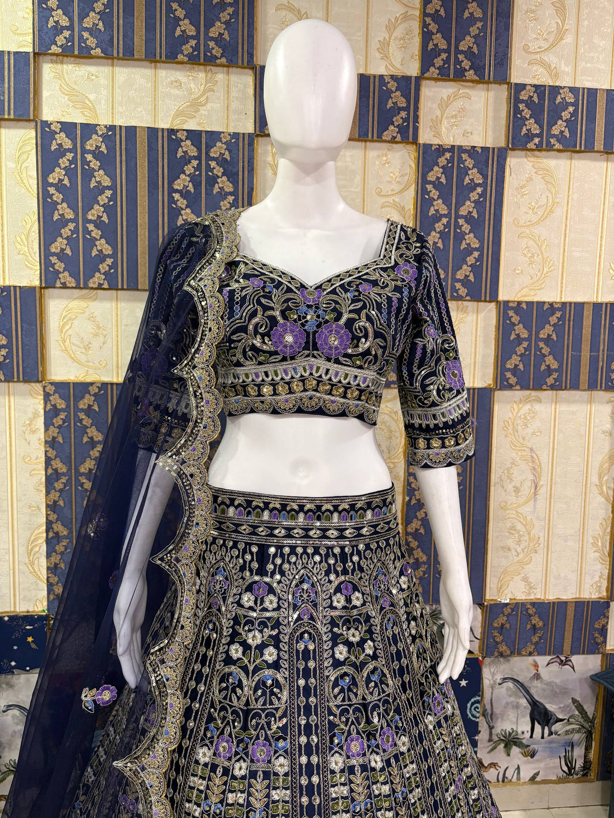 Designer Blue Mono Satin Silk Lehenga Choli with Coding Sequins Cut Work
