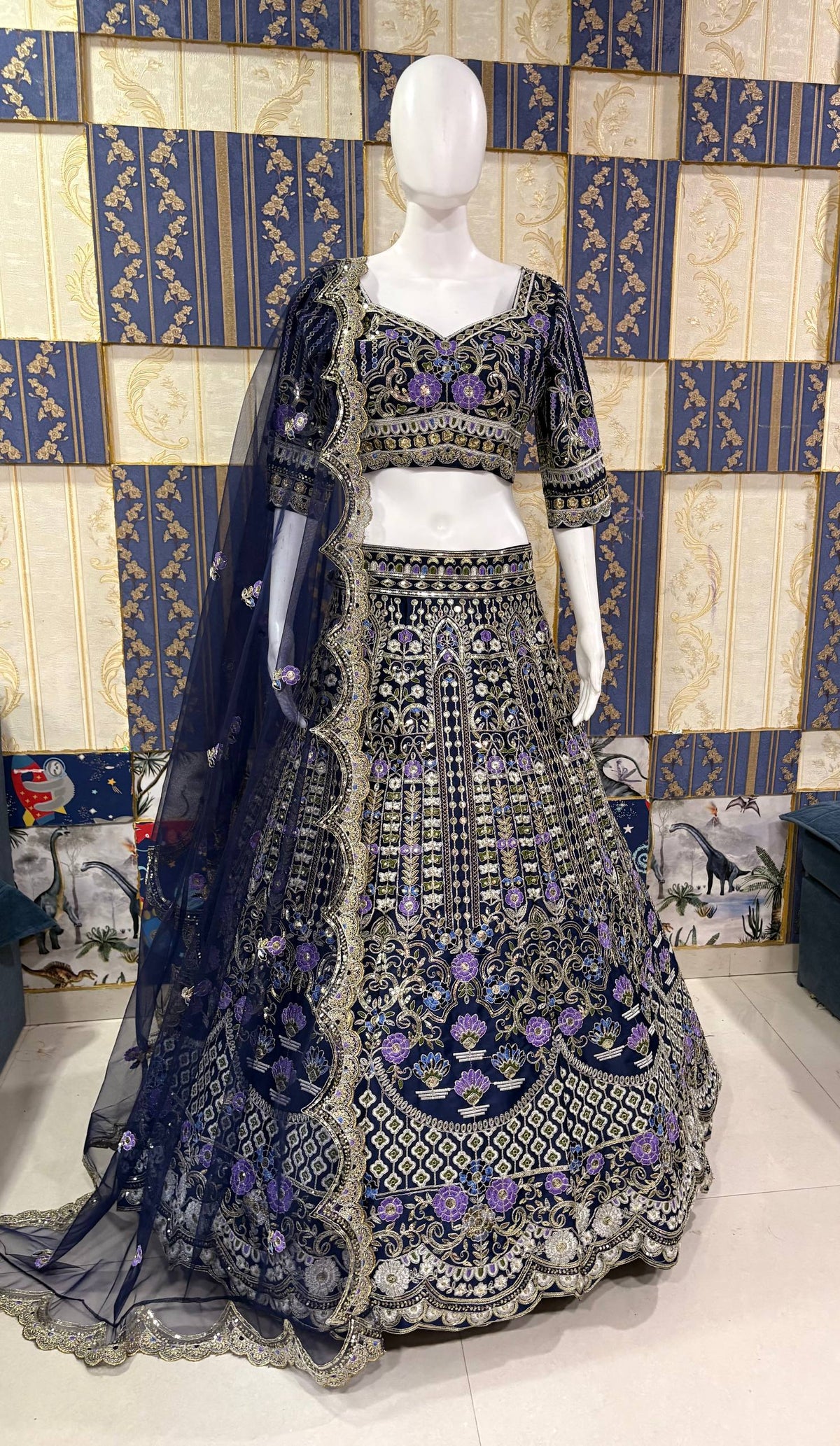 Designer Blue Mono Satin Silk Lehenga Choli with Coding Sequins Cut Work