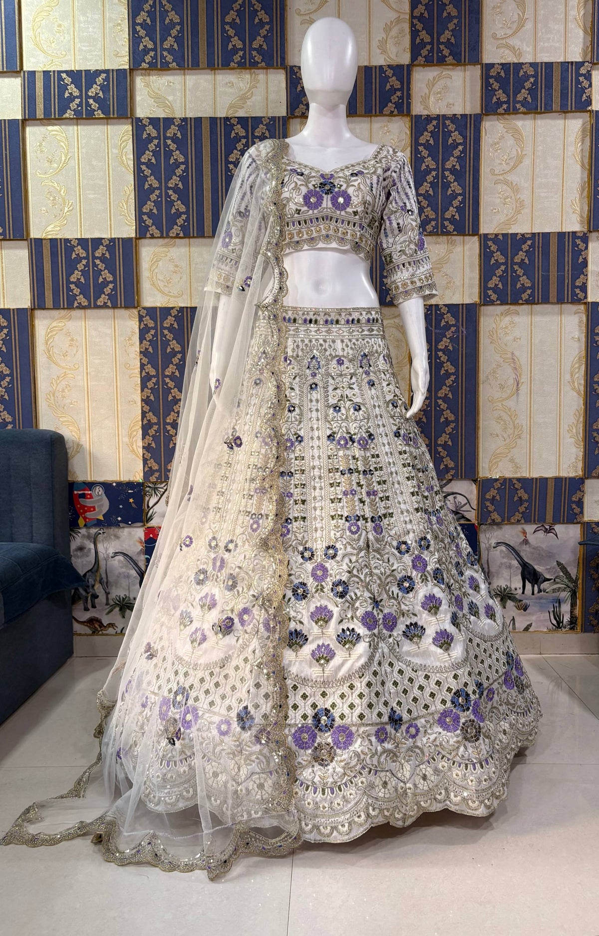 Elegant White Mono Satin Silk Lehenga Choli with Coding Sequins Cut Work