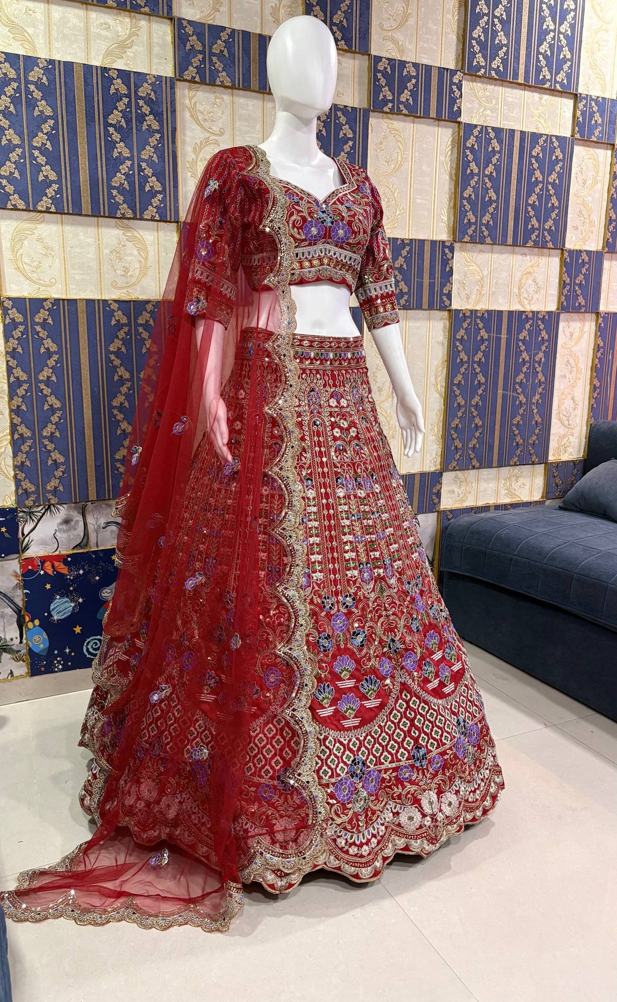 Designer Red Mono Satin Silk Lehenga Choli with Coding Sequins Cut Work