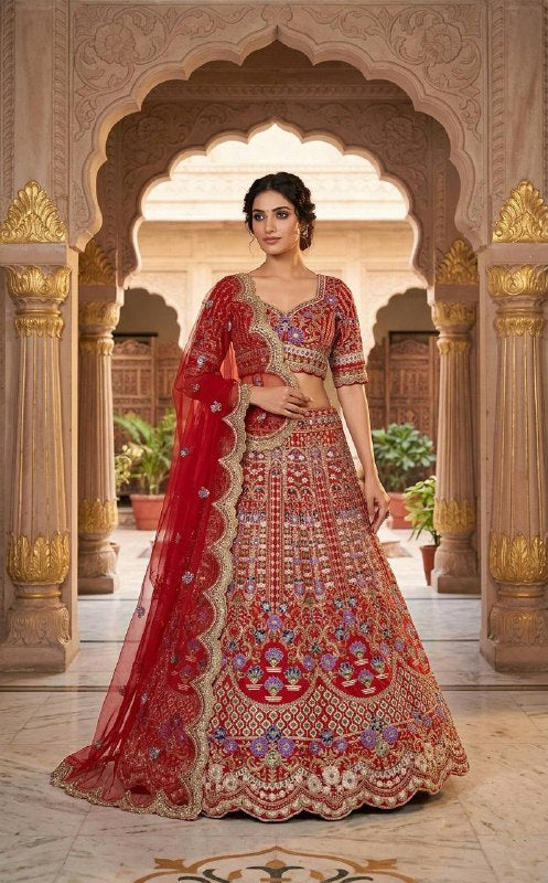 Designer Red Mono Satin Silk Lehenga Choli with Coding Sequins Cut Work