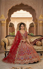 Designer Red Mono Satin Silk Lehenga Choli with Coding Sequins Cut Work