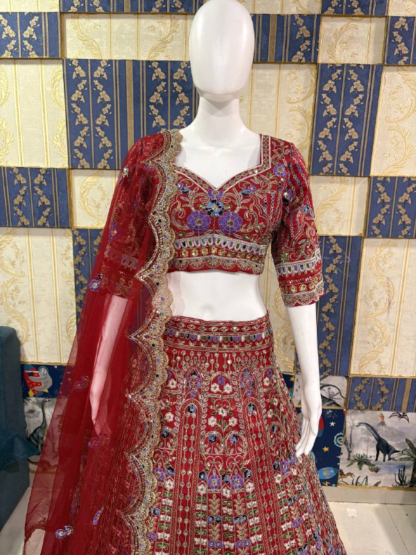 Designer Red Mono Satin Silk Lehenga Choli with Coding Sequins Cut Work