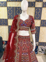 Designer Red Mono Satin Silk Lehenga Choli with Coding Sequins Cut Work