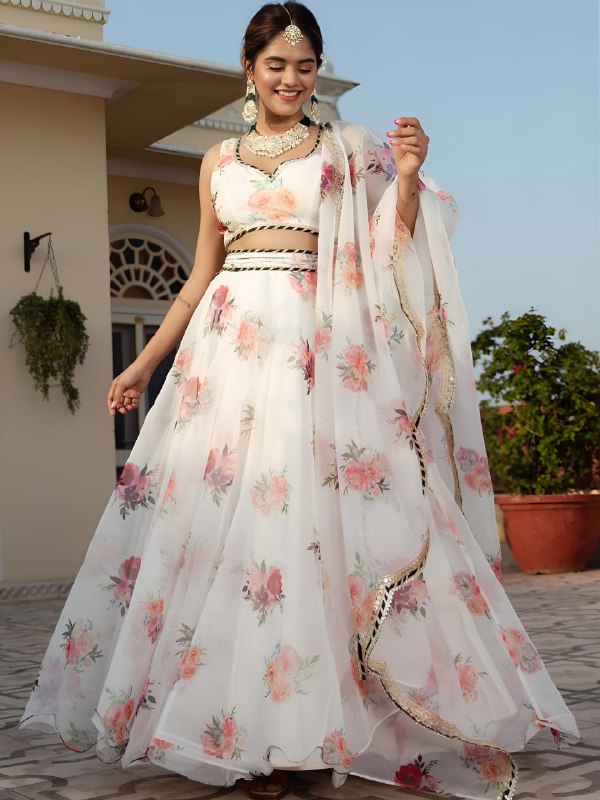 White Floral Printed Elegant Lehenga Choli Set