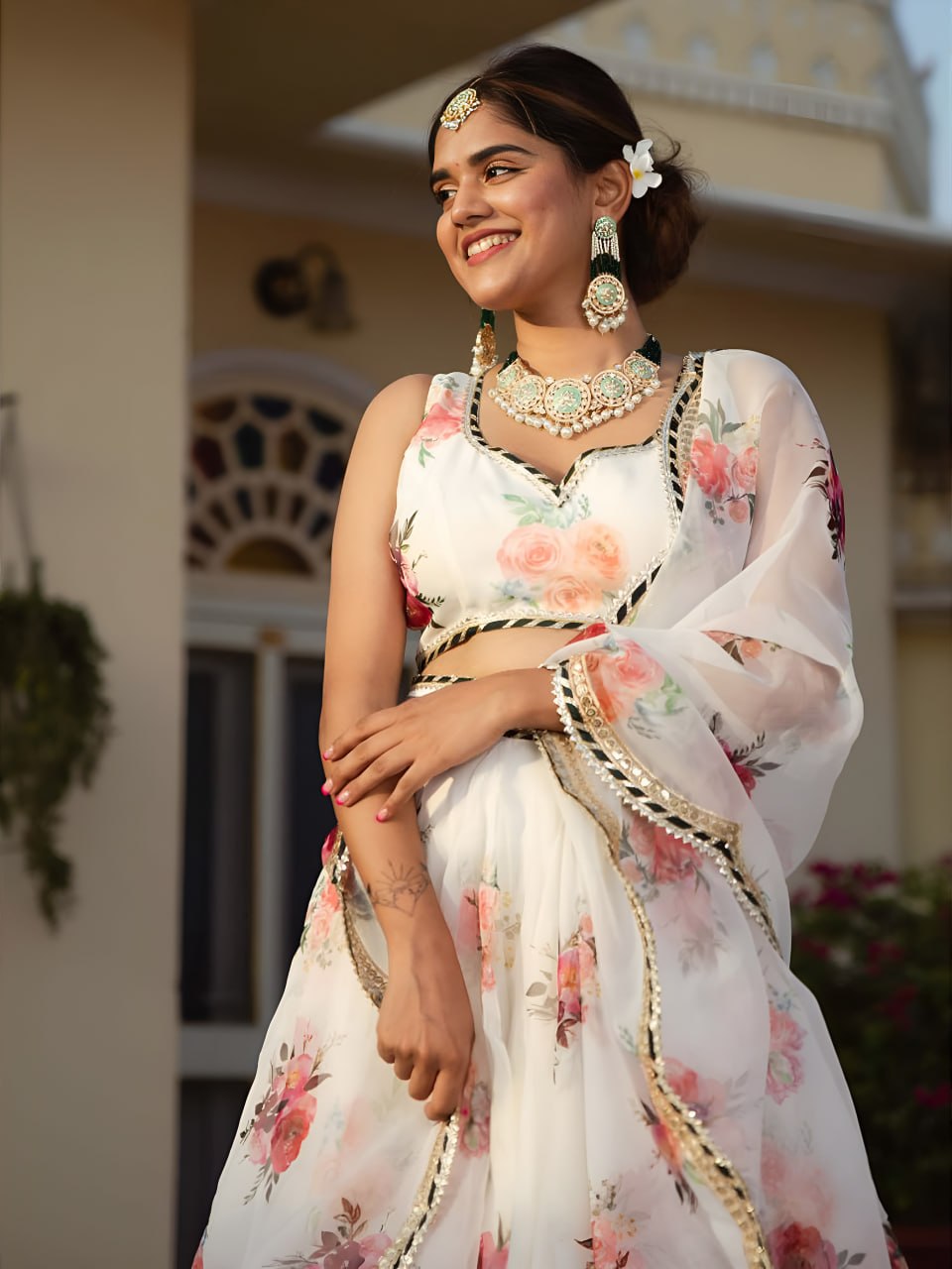 White Floral Printed Elegant Lehenga Choli Set