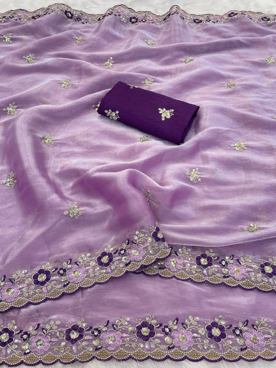 Lavender Jimmy Choo Chiffon Party Wear Saree with Heavy Pallu Embroidery