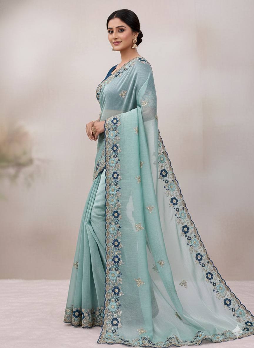 Sky Blue Jimmy Choo Chiffon Party Wear Saree with Heavy Pallu Embroidery