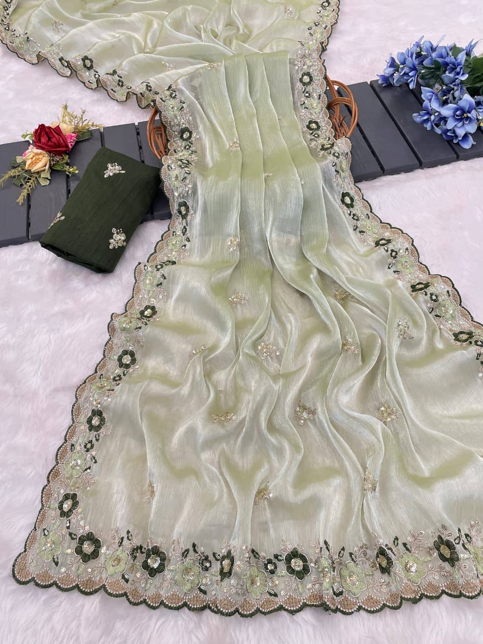 Green Jimmy Choo Chiffon Party Wear Saree with Heavy Pallu Embroidery