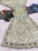 Green Jimmy Choo Chiffon Party Wear Saree with Heavy Pallu Embroidery