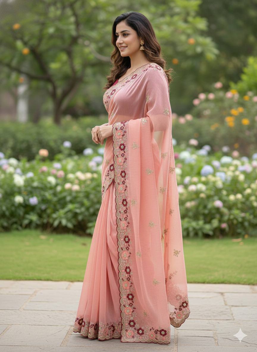 Peach Jimmy Choo Chiffon Party Wear Saree with Heavy Pallu Embroidery