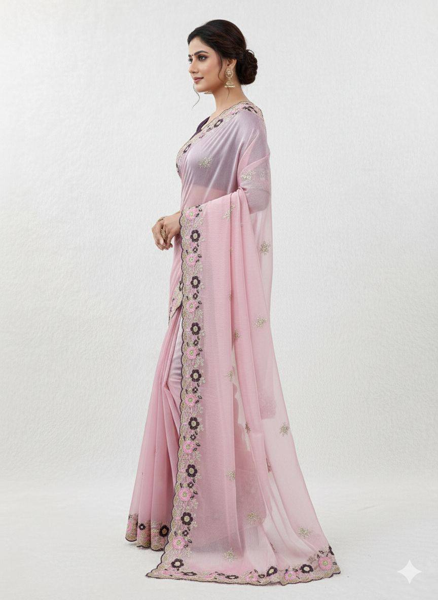 Pink Jimmy Choo Chiffon Party Wear Saree with Heavy Pallu Embroidery