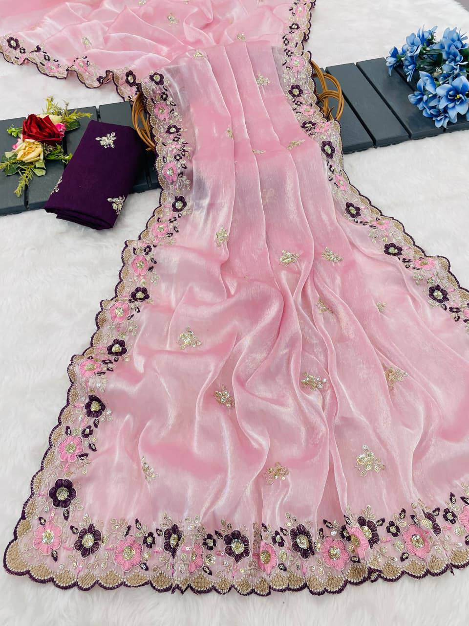Pink Jimmy Choo Chiffon Party Wear Saree with Heavy Pallu Embroidery