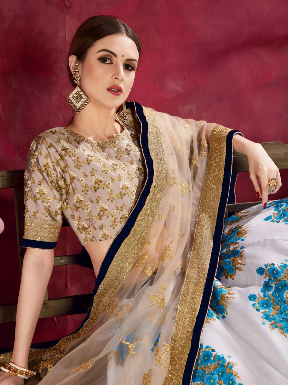 Sky Blue Floral Lehenga with Gold Embroidered Blouse & Net Dupatta