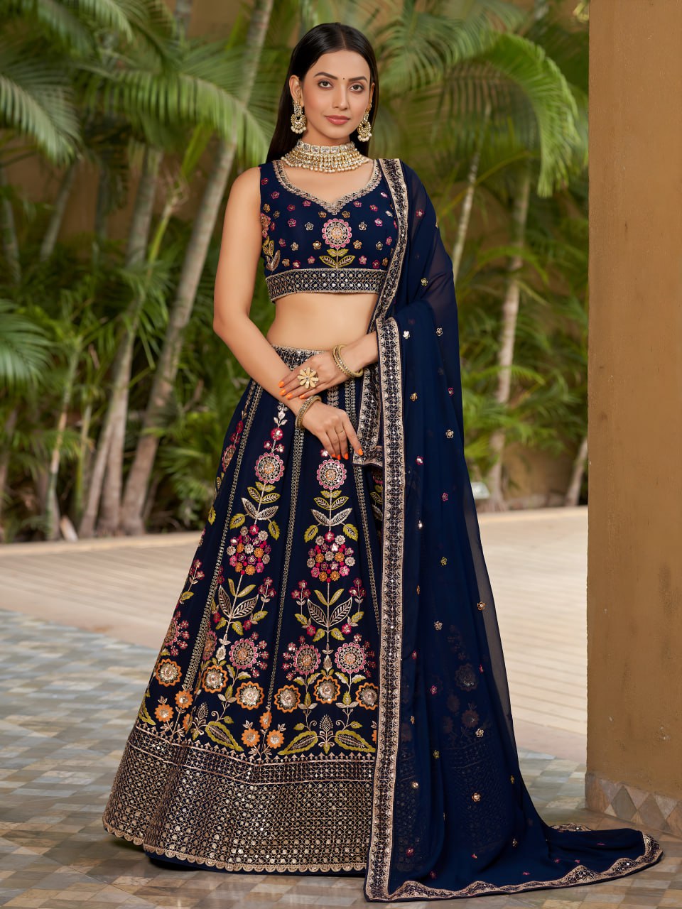 Navy Blue Color Designer Georgette Lehenga Choli