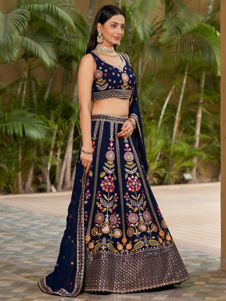 Navy Blue Color Designer Georgette Lehenga Choli